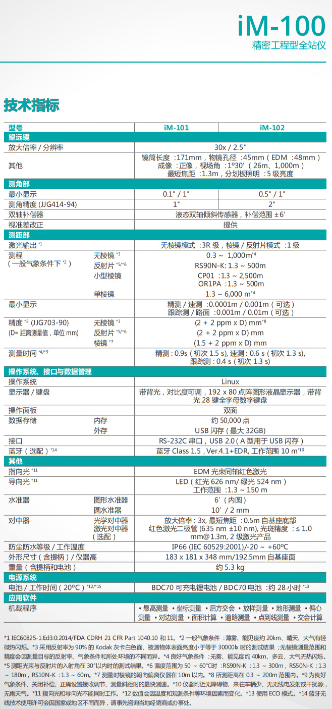索佳IM-101/IM-102精密全站儀技術(shù)參數